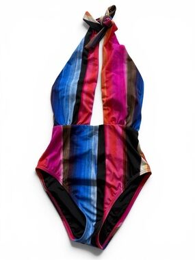 La Blanca Multicolor Striped Halter One-Piece Swimsuit in Blue, Pink and Brown